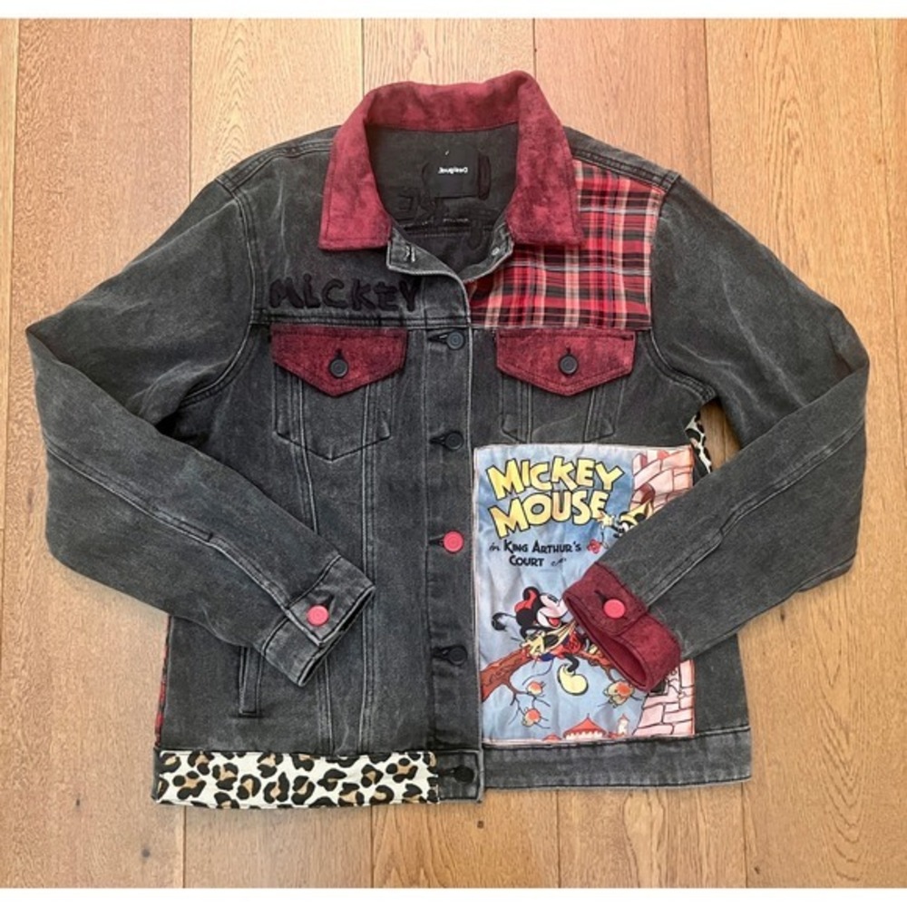 Desigual x Disney Mickey Mouse Denim Jacket Gray/Black Red Plaid Panels Patch